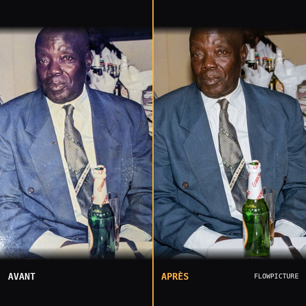 Restauration d’un portrait d’homme en costume, avant et après