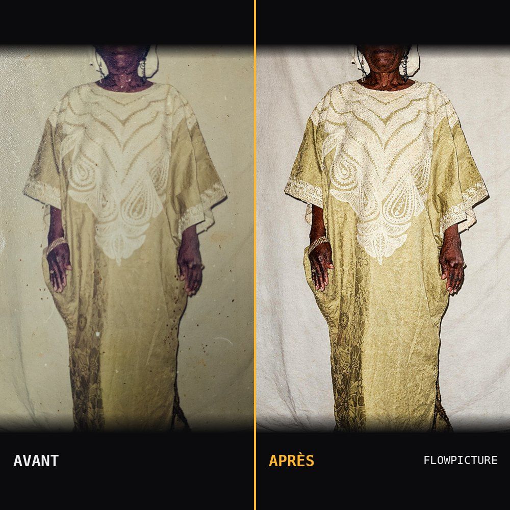 Colorisation d’un portrait en boubou doré, avant et après