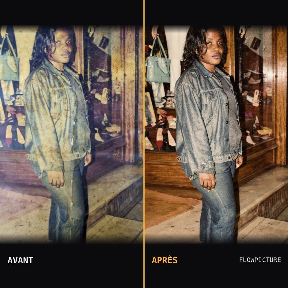 Restauration d’un portrait en veste de jean, avant et après