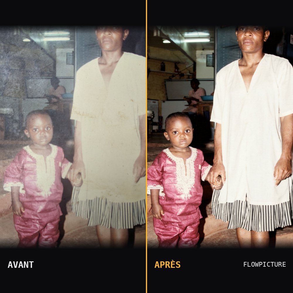 Restauration d’une photo de mère et enfant, avant et après